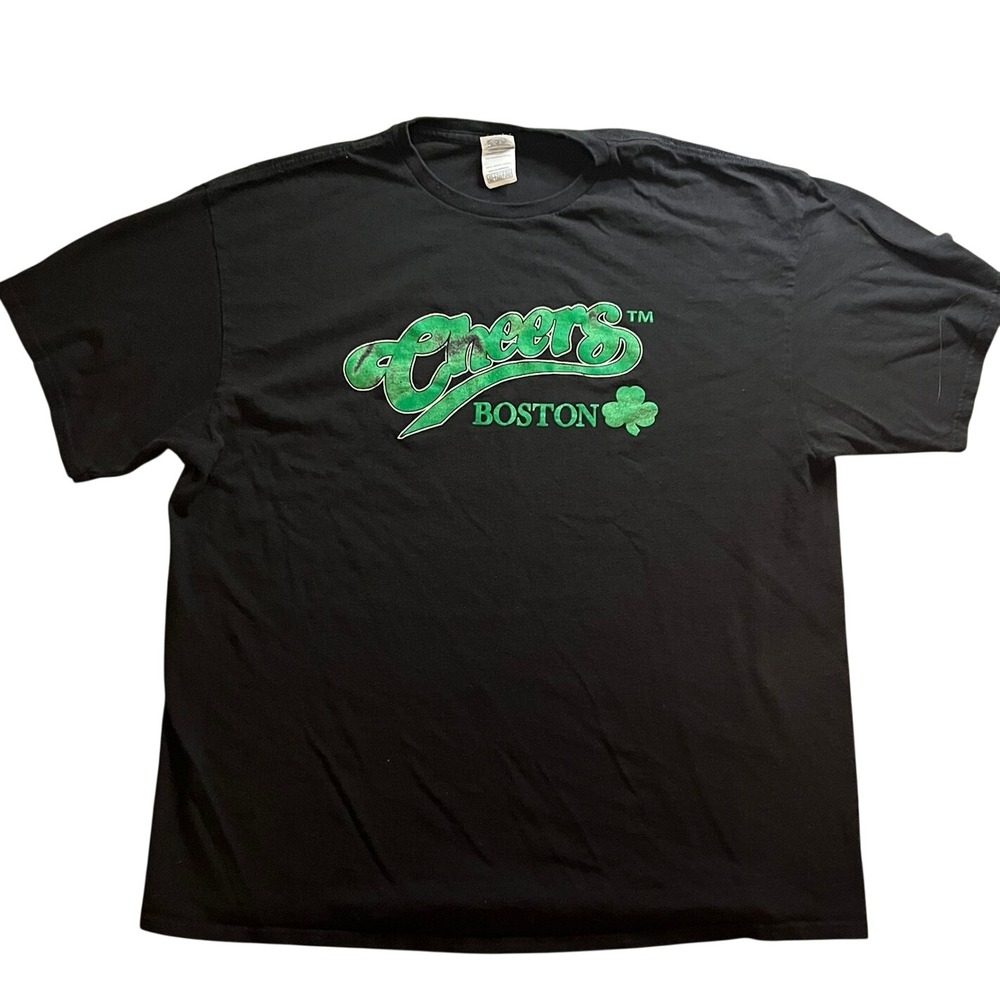 Y2K Cheers Boston T Shirt Mens 2XL Black Green Graphic Logo Dadcore